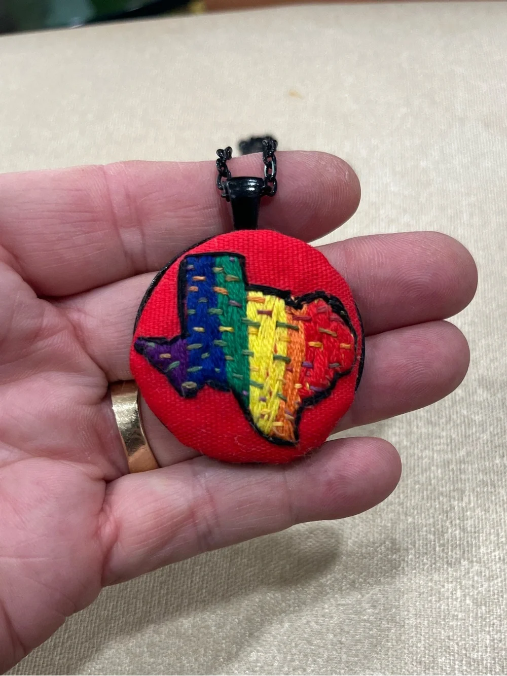 Pride LGBTQ+ rainbow Texas hand embroidered pendant and necklace